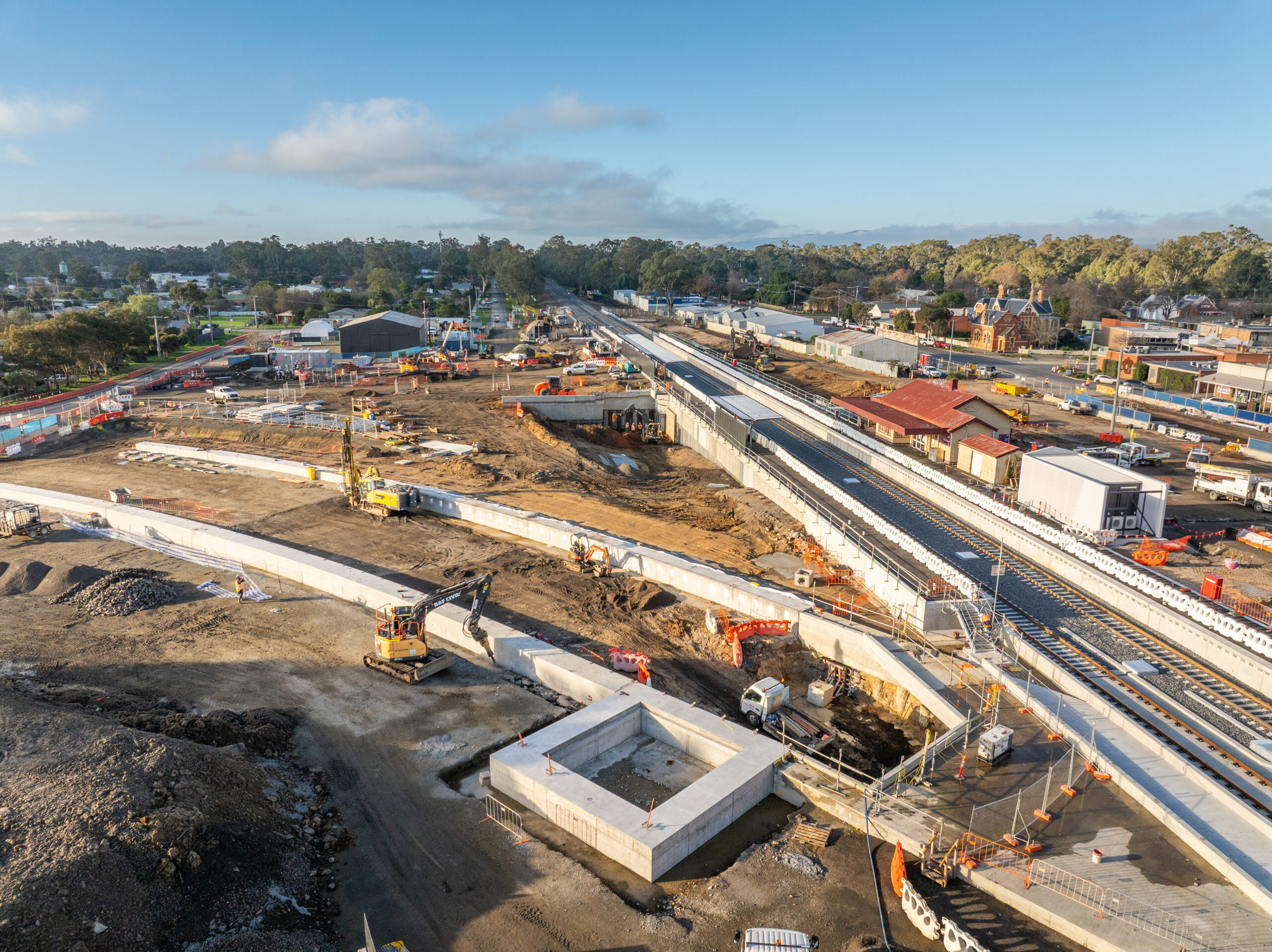 Drone aerial view of railway line under construction and underpass at Euroa, June 2026.