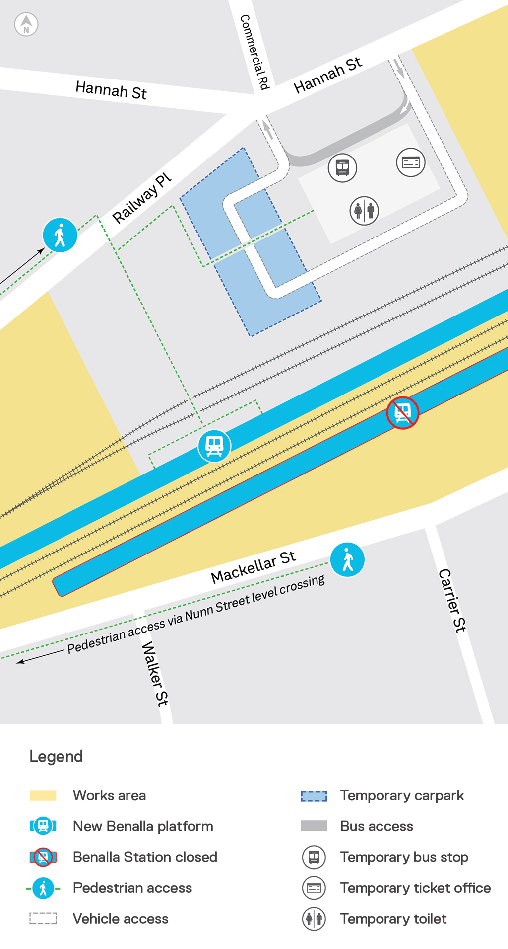 Illustrative map showing works area and pedestrian access at Benalla station