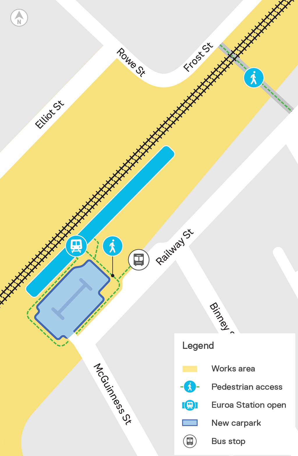 Illustrative map showing works area, new carpark and bus stop at Euroa station