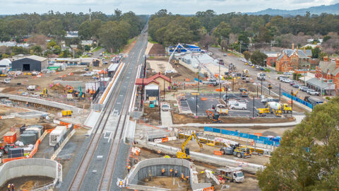 Aerial view of Euroa Station with new platforms, underpass works and station precinct construction.