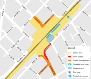 Illustrative map showing works area, road closures and traffic changes at Euroa station
