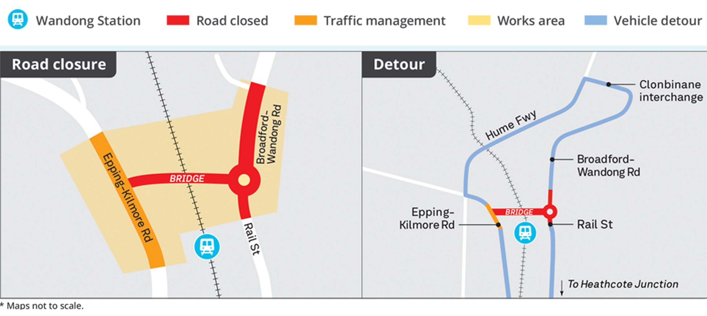 Illustrative map showing traffic management at Broadford-Wandong Road bridge, Wandong