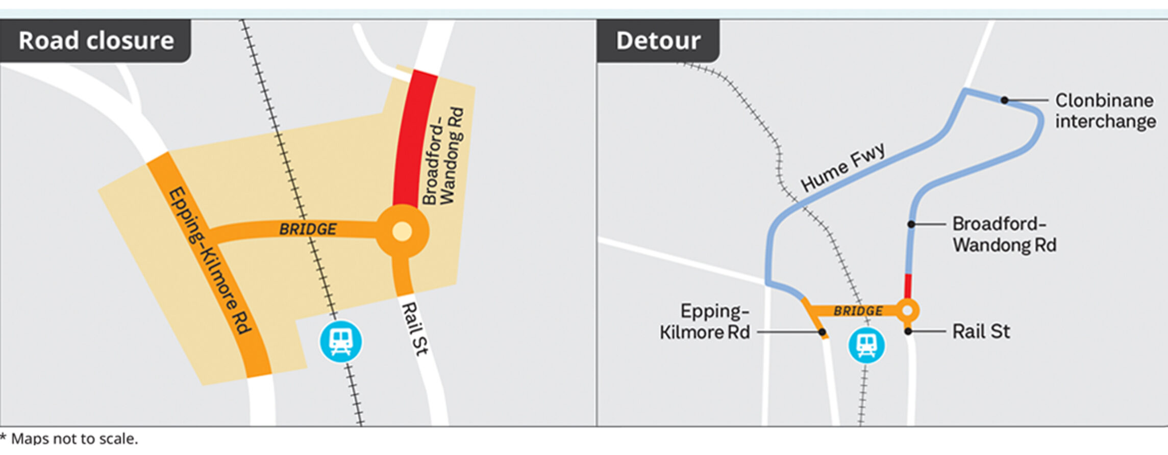 Illustrative map showing traffic management at Broadford-Wandong Road bridge, Wandong