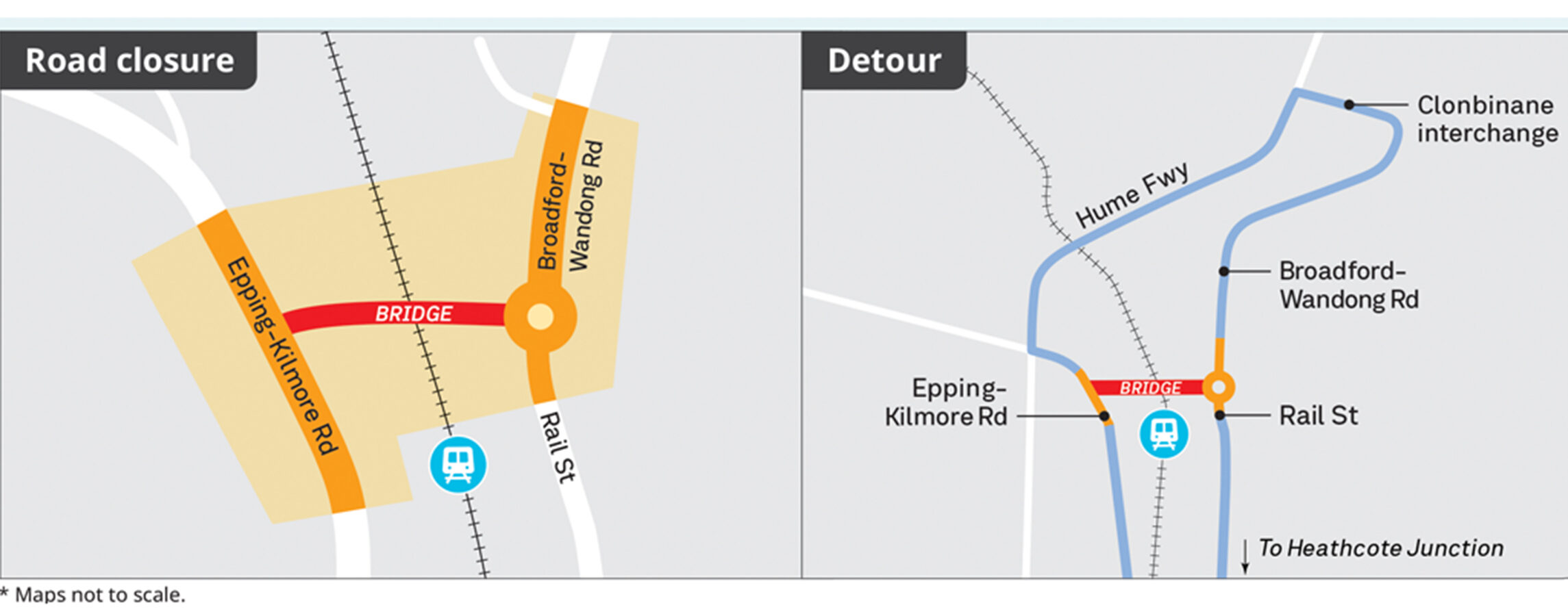 Illustrative map showing traffic management at Broadford-Wandong Road bridge, Wandong