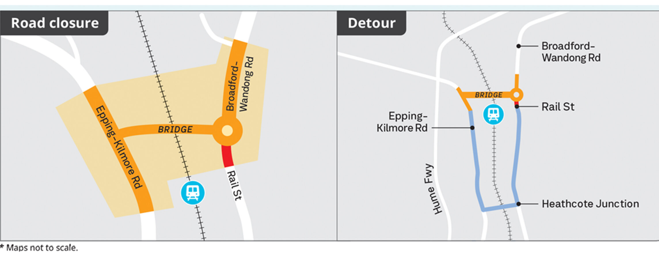 Illustrative map showing traffic management at Broadford-Wandong Road bridge, Wandong